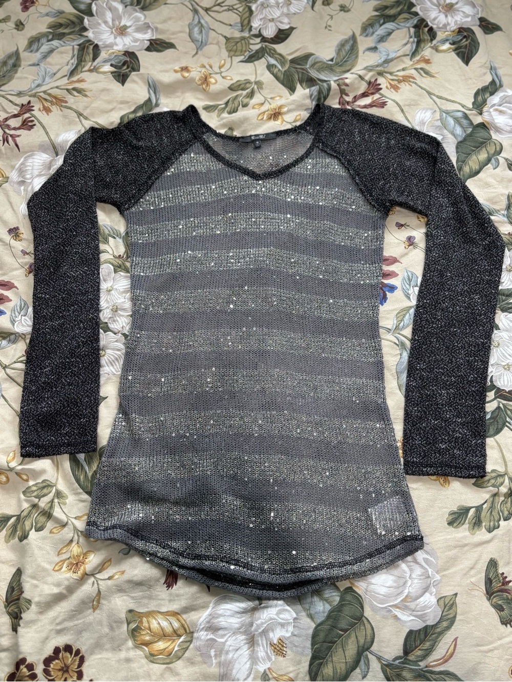 Sheer Sparkle Long Sleeve Top in Charcoal Gray